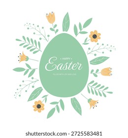 Feliz cartão de felicitações da Páscoa com ovos e flores. Minimalismo escandinavo em um design plano. Gráficos vetoriais