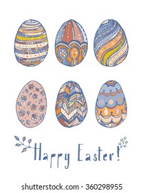 Happy Easter greeting card with Eggs and Lettering. Hand-written text and doodle spring flowers and Eggs decorated with ornaments