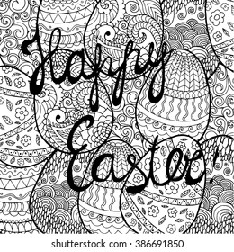 Happy Easter greeting card with eggs background. Black and white hand drawn decorative elements in vector. Sketch for decorating, avatar, tattoo, poster, print or t-shirt. For your design and buisness