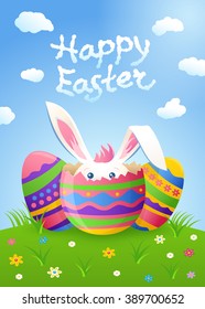 Happy Easter greeting card with eggs and bunny ears on sky and landscape background