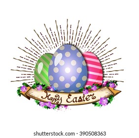 Happy Easter greeting card with Easter eggs and fresh spring flowers