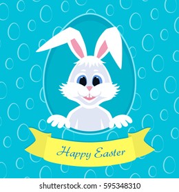Happy Easter greeting card with eggs background and rabbit. White cute Easter Bunny peeking out of a hole. Ribbon with inscription. Colorful vector illustration.