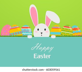 Happy easter greeting card and eggs  grass    rabbit 
