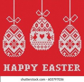 Happy easter Greeting Card. Easter eggs on knitting pattern
