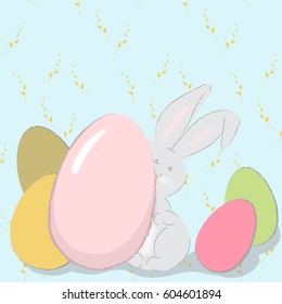 Happy Easter greeting card with eggs and rabbit. White cute Easter Bunny with colorful eggs. Vector illustration.