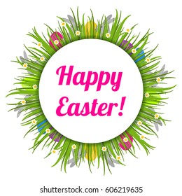 Happy easter! Greeting card with easter eggs and easter bunnies hidden in grass on a white background. Vector illustration.