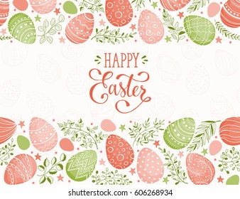 Happy Easter greeting card. Eggs composition hand drawn black on white background. Decorative frame from Easter eggs and florals.