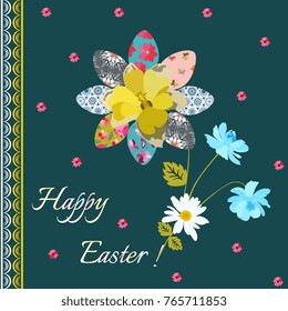 Happy Easter greeting card with eggs in form of flower and bouquet of daisy, daffodil and blue cosmos flowers on dark green background.  Spring vector design.