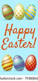 Happy Easter greeting card with easter eggs on blue background