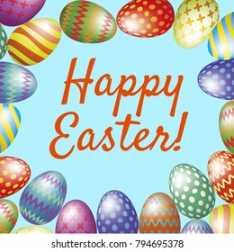 Happy Easter greeting card with easter eggs on blue background