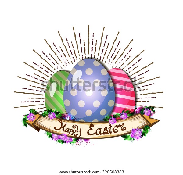 Happy Easter greeting card with Easter eggs and\
fresh spring flowers