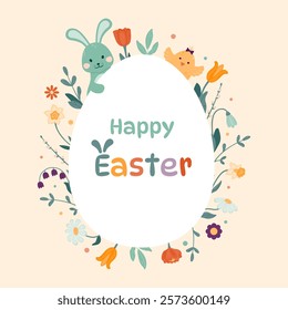 Happy Easter greeting card. Egg-shaped frame with spring flowers, Easter bunny, chicken, colorful eggs. Vector illustration in a flat style on a light background.