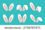 Happy Easter greeting card with elegant hand drawn calligraphy lettering, cute bunny ears icon, spring green leaves and colorful polka dots on white background.