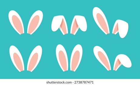 Happy Easter greeting card with elegant hand drawn calligraphy lettering, cute bunny ears icon, spring green leaves and colorful polka dots on white background.