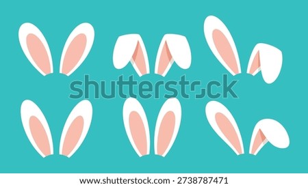 Happy Easter greeting card with elegant hand drawn calligraphy lettering, cute bunny ears icon, spring green leaves and colorful polka dots on white background.