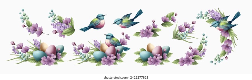 Happy Easter Greeting Card Element Set. Wreath, nest, birds and Easter Eggs. Realistic Vintage Botanical Illustration. Holiday Greeting Design for Postcard. Vector Illustration 