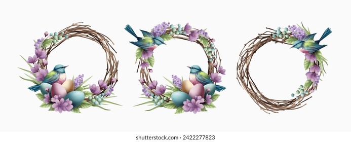 Happy Easter Greeting Card Element Set. Wreath, nest, birds and Easter Eggs. Realistic Vintage Botanical Illustration. Holiday Greeting Design for Postcard. Vector Illustration 