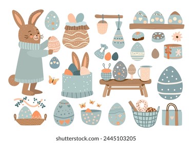 Happy Easter greeting card elements collection with eggs in pastel colors spring holiday celebration card horizontal