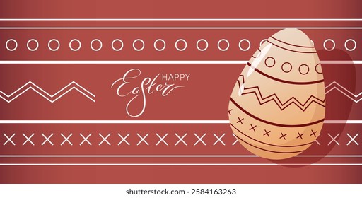 Happy Easter Greeting Card. Ester Egg decorated with ornament pattern, against same on the background and Hand Lettering Easter word. Horizontal Banner, Cover, or Website Header.