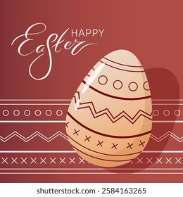 Happy Easter Greeting Card. Ester Egg decorated with ornament pattern, against same on the background and Hand Lettering Easter word. Square Banner, Cover, or Website Header.