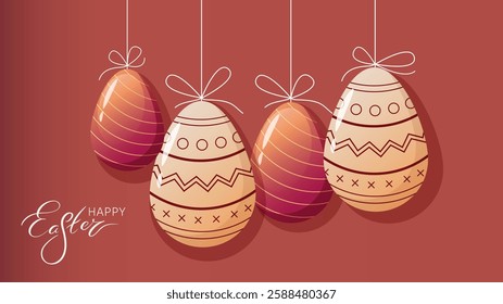 Happy Easter Greeting Card. Ester Eggs decorated with ornament pattern hanged up against same on the background and Hand Lettering Easter word. Horizontal Banner, Cover, or Website Header.