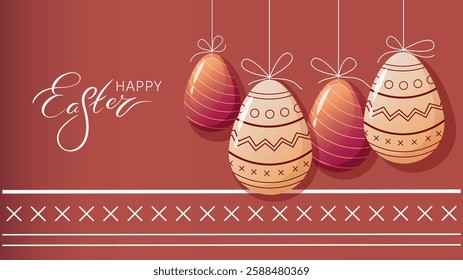 Happy Easter Greeting Card. Ester Egg decorated with ornament pattern, against same on the background and Hand Lettering Easter word. Horizontal Banner, Cover, or Website Header.