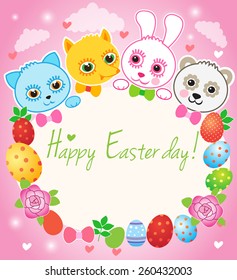 Happy Easter Greeting Card. Fairy Cartoon. Vector Illustration. Pink Background. Nice Cartoon. Little Animals. Baby Animals: Kitten, Panda, Fox, Bear, Rabbit. Animals Cute. Zoo. Animals Cartoon.