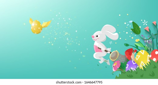 Happy Easter, greeting card, fantasy garden with rabbit cartoon character catching golden winged egg flying festive concept, seasonal holiday poster vector illustration