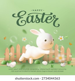 A happy Easter greeting card features a stylized 3D white bunny hopping across a cheerful spring garden scene complete with a wooden fence and floral elements.