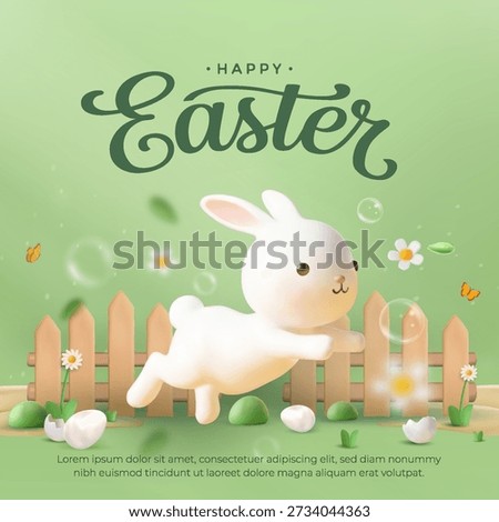 A happy Easter greeting card features a stylized 3D white bunny hopping across a cheerful spring garden scene complete with a wooden fence and floral elements.
