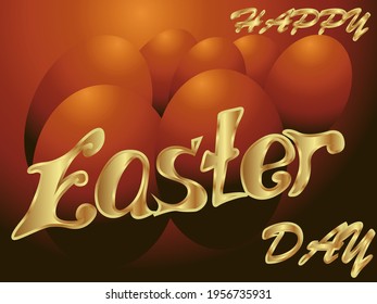 Happy Easter greeting card featuring Easter eggs and text in golden tones