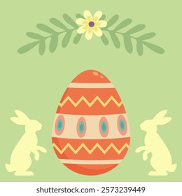 Happy Easter greeting card featuring decorative egg, two bunny silhouettes, and floral motif on green background. Perfect for springtime or holiday invitation, poster, flyer print designs. Vector.