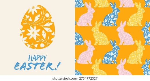 Happy Easter greeting card featuring a floral patterned egg and repeating rabbit silhouettes in pastel blue, pink, and yellow on a bright orange background with cheerful lettering. spring vibes, fresh
