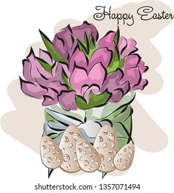 Happy Easter Greeting Card. Festive Floral and Eggs banner background. Decorative Happy Holiday Illustration for print