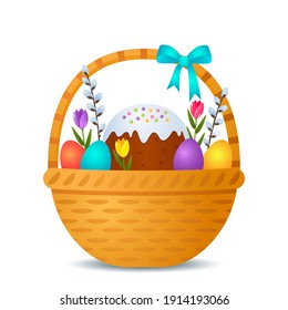 Frohe Ostern-Grußkarte. Feierlicher Osterkorb mit Osterkuchen, bunten Eiern, Blumen und pussy Weide mit einer Schleife dekoriert. Vektorgrafik einzeln auf weißem Hintergrund
