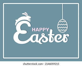 Happy Easter greeting card. Festive banner with a hare and an Easter egg on a blue background. Vector illustration.