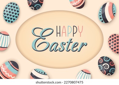 Happy easter greeting card. Festive dyed eggs decorated different abstract pattern. Holiday seasonal religious symbol with hand draw colorfull ornaments pattern. Vector flat illustration