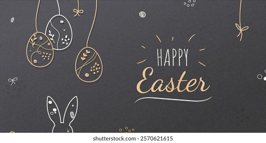 Happy Easter greeting Card with festive eggs and bunny. Simple Floral ornament, outline elements on grey grainy background. Vector banner