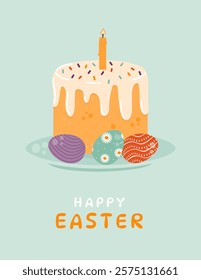 Happy Easter greeting card. Festive illustration of an Easter cake with a candle and colorful decorated eggs. Happy Easter. Vector illustration in a flat style.