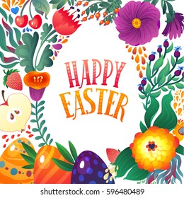 Happy Easter Greeting Card. Festive Floral and Berry banner background. Decorative Happy Holiday Illustration for print, web.