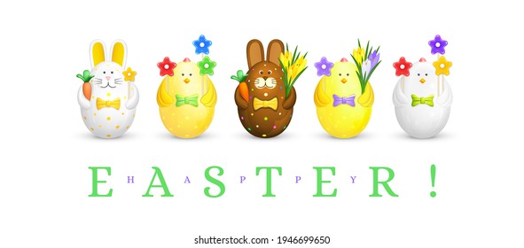 Happy Easter greeting card. Figures white rabbits, yellow chickens, chocolate bunny made of eggs with flowers, lolipops and carrots are lined up in a row. Large green inscription Happy Easter. Vector