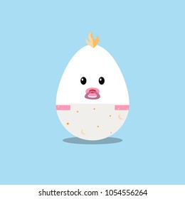 Happy Easter greeting card flat vector illustration. Cute baby egg in a diaper on blue background. Toddler with a dummy pacifier. Child birth symbol. Baby shower icon. Newborn boy birthday celebration