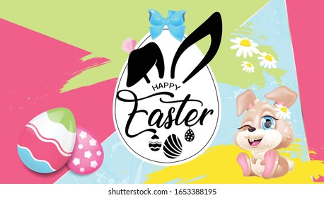 Happy Easter greeting card flat vector template. Pascha banner design with bunny kawaii cartoon character and eggs. Springtime holiday printable postcard, holiday invitation, horizontal poster