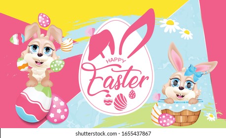 Happy Easter greeting card flat vector template. Spring Pascha banner design with rabbits kawaii cartoon character and pink lettering. Printable postcard, holiday invitation, horizontal poster