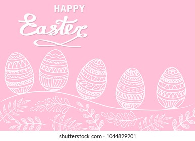 Happy Easter greeting card with floral elements, branches and drawing eggs on pink background, stock vector illustration