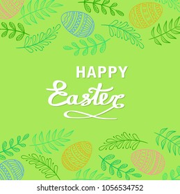 Happy Easter greeting card with floral elements, branches and drawing eggs on green grass background, stock vector illustration