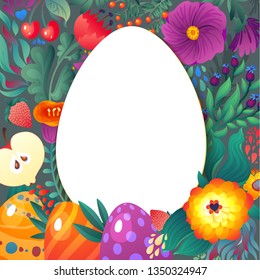 Happy Easter Greeting Card. Floral and Berry banner Festive background. Decorative Happy Holiday Illustration for print, web.