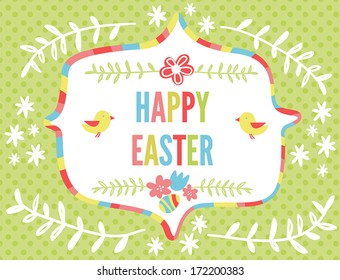 Happy Easter greeting card with floral elements and birds.