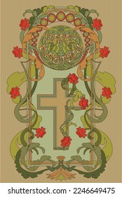 Happy Easter greeting card. Floral frame  in art nouveau style, vector illustration