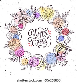Happy Easter greeting card. Floral wreath with hand drawn eggs and watercolor spots isolated on white background. Decorative frame from easter eggs in circle shape.